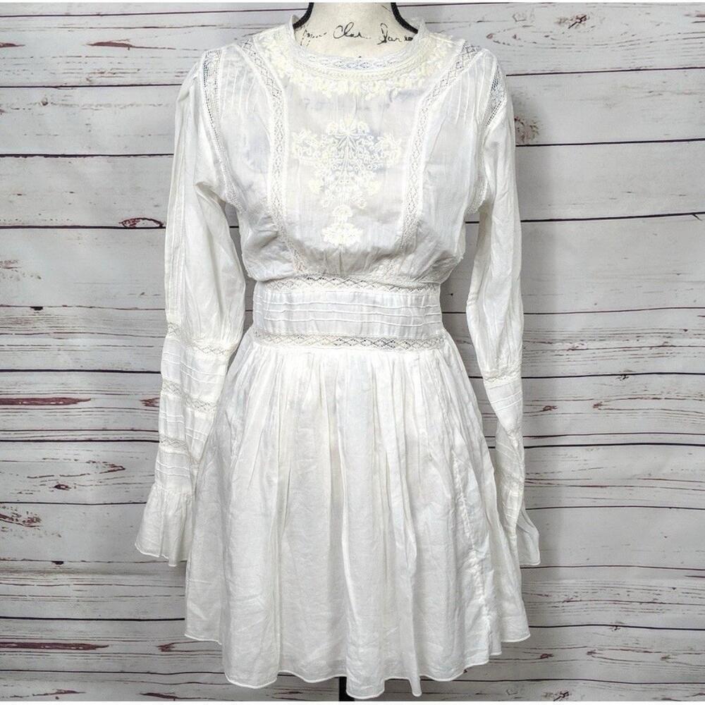 NWOT Free People Ivory Victorian Waisted CROCHET Mini Dress 2 Lace Cotton Womens - Picture 13 of 14